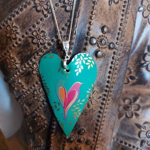 Upcycled Handmade Heart Bird Tin Pendant Metal Waterproof. Different designs. Sterling Silver Chain. Anniversary Gift