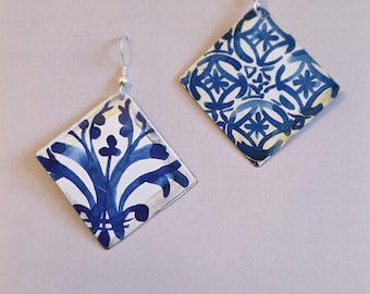 Handmade Huge Blue & White Moroccan Tiled Earrings 925 Wires. Quality Waterproof Lightweight Tin NOT varnished paper or wood