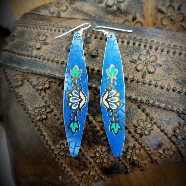 Rare Vintage Art Deco Restored Lightweight Tin Blue and Green Long Earrings 925 Sterling Silver Wires.  WATERPROOF.MOTHERS DAY