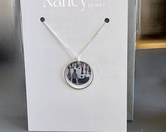 Handmade L S Lowry Market Town Scene Pendant with Solid Silver 925 Fittings. Quality Waterproof Lightweight Tin NOT varnished paper or wood