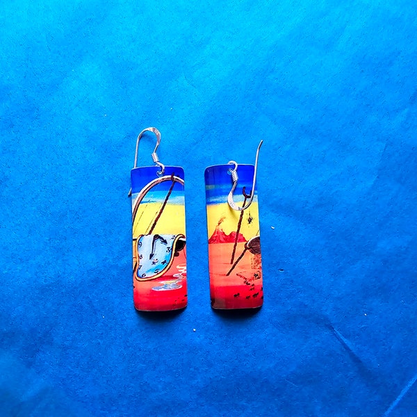 Homage to Dali Original Artwork Long Bright Coloured Tin Earrings Sterling Silver Ear Wires. Retro GiftMOTHERS DAY