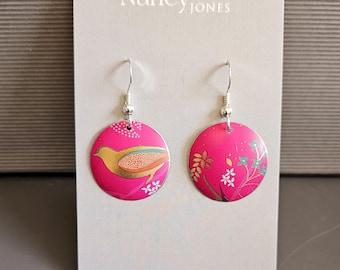 Handmade Pink Bird Earrings 925 Wires. Quality Waterproof Lightweight Tin NOT varnished paper or wood