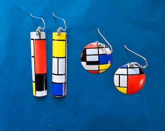 Piet Mondrian Art Tin Earrings 925 sterling silver ear wires. Metal Waterproof NOT Paper Resin or Wood ! Discs or Long