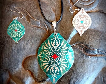 Tear Shaped Recycled Mandala  Lightweight Tin Pendant and Earrings Gift Set with Sterling Silver Fittings. Waterproof