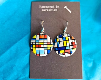 Piet Mondrian Art Tin Earrings 925 sterling silver ear wires. Metal Waterproof NOT Paper Resin or Wood ! Discs or Long