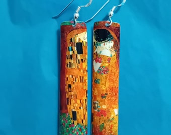 Gustav Klimt The Kiss Long  Lightweight Tin Metal Earrings NOT Paper,Resin,Wood Cabachon! WATERPROOF Tin Anniversary Gift. Choice of Colours