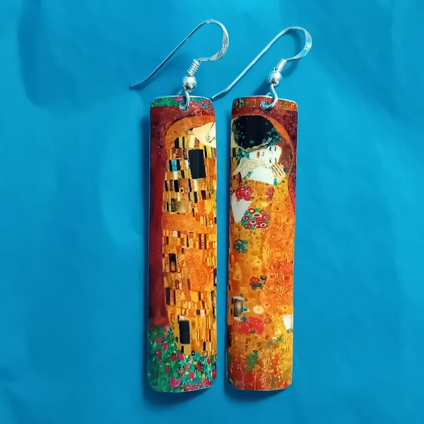 Gustav Klimt The Kiss Long  Lightweight Tin Metal Earrings NOT Paper,Resin,Wood Cabachon! WATERPROOF Tin Anniversary Gift. Choice of Colours