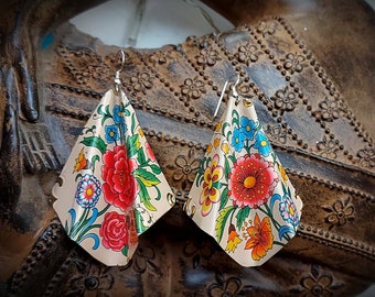 Very Large Origami Upcycled Vintage Floral Tin Statement Chandelier Earrings with Sterling Silver Ear Wires.  Festival EarringsMOTHERS DAY