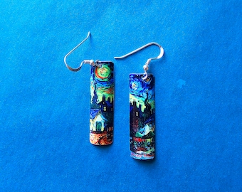 Northern Starry Night bright coloured Tin Earrings  Original Artwork. Sterling silver Ear Wires. Art Lover Gift. Metal NOT Paper or plastic