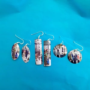 LS Lowry Market Scene Rectangular,Discs or Oval Lightweight Tin (not Resin or Varnished paper) WATERPROOF Earrings 925 silver ear wires.