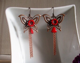 Copper and red butterfly earrings