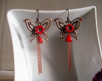 Boucles d'oreille papillon cuivré et rouge