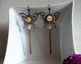 Boucles d'oreille papillon cuivré, bronze et jaune jonquille