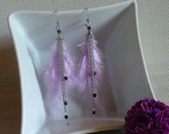 Boucles d'oreilles à plume roses, violettes et argentées