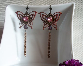 Boucles d'oreille papillon cuivré, bronze et rose