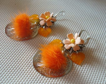 Earrings for pierced ears silver, orange and salmon