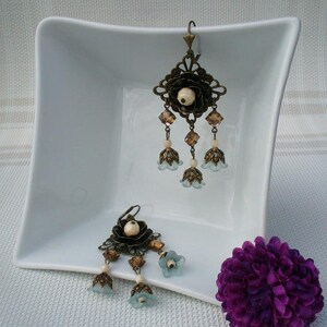 Earrings, blue, beige and bronze