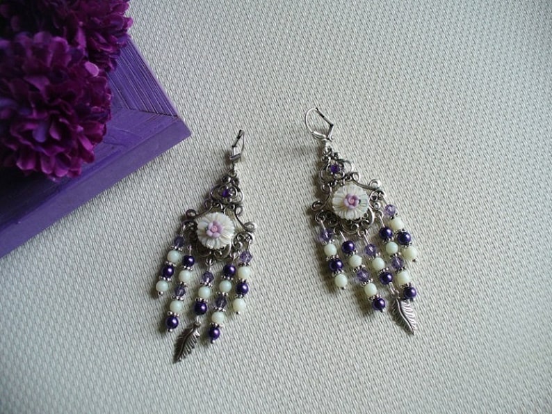 white and silver Chandelier earrings purple