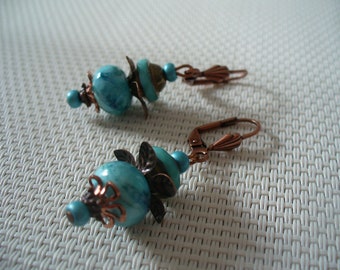 Boucles d'oreille bronze, cuivre  et turquoise