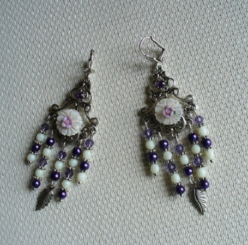 white and silver Chandelier earrings purple