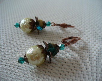 Boucles d'oreille bronze, vert bouteille et beige crème