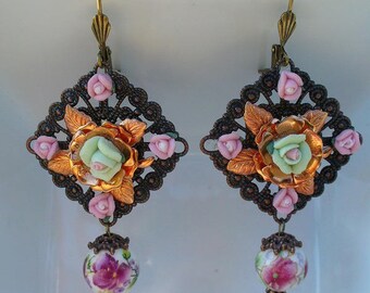 Bronze, copper, pink and green earrings
