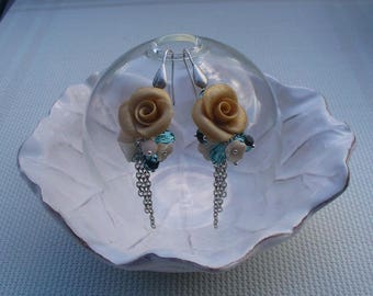 Boucles d'oreille argentées turquoises et beige