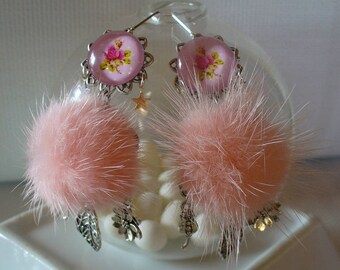 Earrings for pierced ears silver and pink floral theme