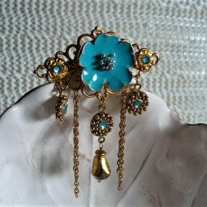 Golden and turquoise floral romantic brooch
