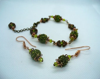 Parure bracelet + Boucles d'oreille vert et cuivré