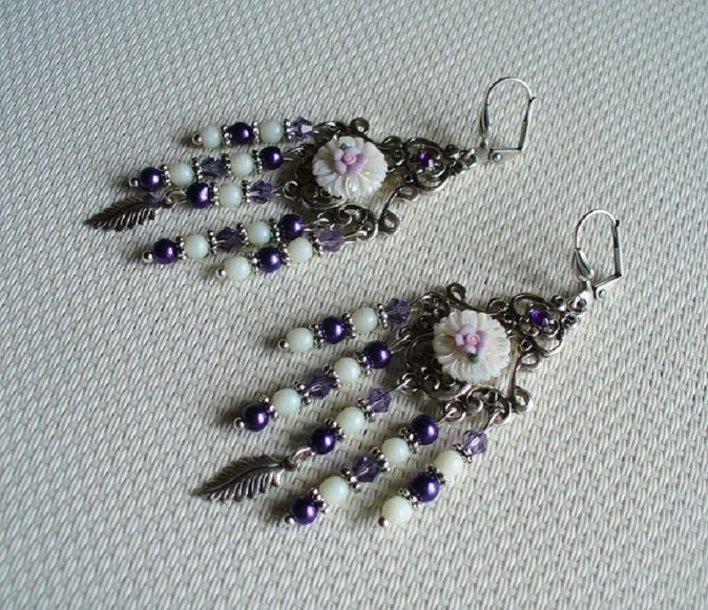 white and silver Chandelier earrings purple