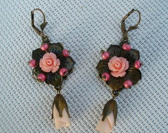 Boucles d'oreilles roses, saumon et bronze