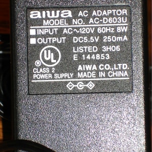 AIWA - Power Supply  #AC-D603U Transformer Adapter