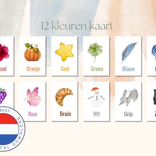 DUTCH 12 kaarten van kleuren | Nederlands | Kleuter | Kleuren leren | Instant Download | Regenboog | Print at home