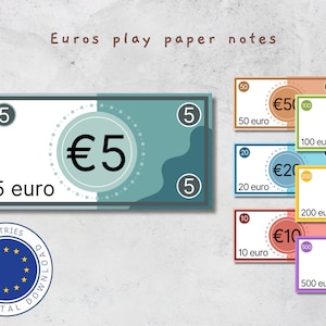 Euros para impressão Playmoney para crianças, moeda de simulação, brincadeiras educativas em casa, escola, creche. Aprenda a contar. Alemanha, França, Bélgica