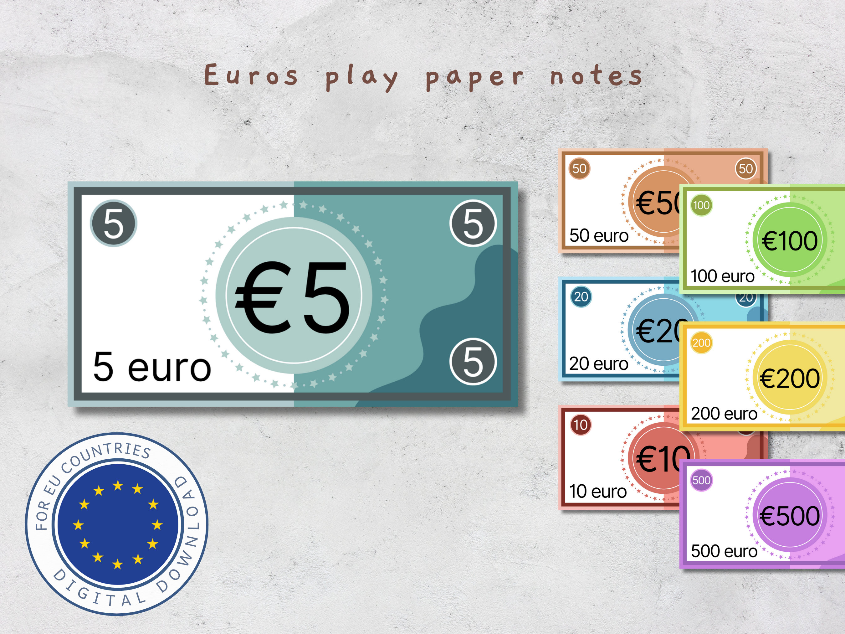 Printable Euros Playmoney for kids, Pretend play currency, Educative play at home, school, nursery. Learn to count. Germany, France, Belgium