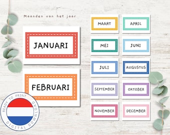 DUTCH 12 months of the year flashcards + season | school design | Montessori | Pre-School | Instant Download | Rainbow color | Print at home
