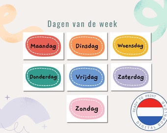 DUTCH 8 kaarten dagen van de week | Nederlands | Kleuter | weekdagen leren | Instant Download | Regenboog | Print at home