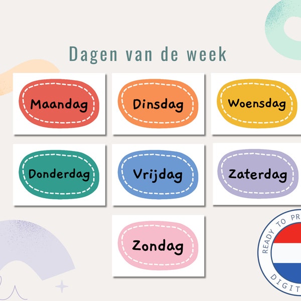 DUTCH 8 kaarten dagen van de week | Nederlands | Kleuter | weekdagen leren | Instant Download | Regenboog | Print at home