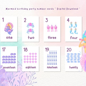 Flashcard número fiesta cumpleaños sirena / Aprende a contar / Montessori / Preescolar / Descarga Instantánea / material escolar / guardería