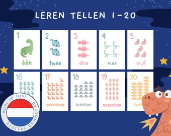 DUTCH Dinosaur number flashcard | Learn to count | Nederlands | Pre-School | Instant Download | school material | nursery