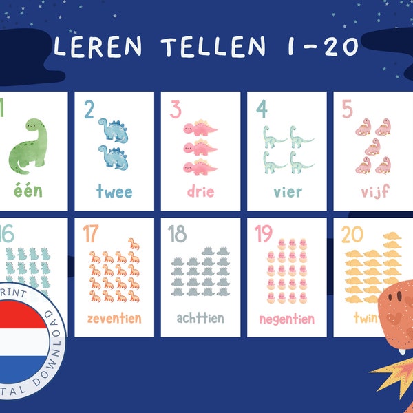 DUTCH Dinosaur number flashcard | Learn to count | Nederlands | Pre-School | Instant Download | school material | nursery