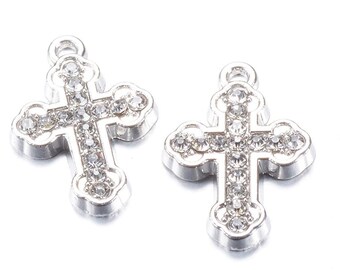 2 Croix Pendentifs Avec Strass 23 x 16 mm, Support Gratuit Trou 5 X 3 mm ,Couleur Argent Transparent