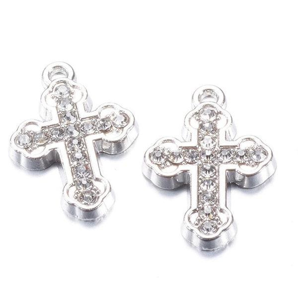 2 Croix Pendentifs Avec Strass 23 x 16 mm, Support Gratuit Trou 5 X 3 mm ,Couleur Argent Transparent