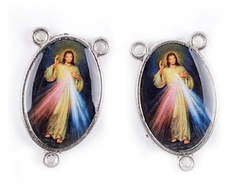 1 Rosary Center = Jesus Divine Mercy, Double Sided Silver Color, Size 24 x 14 mm Links 1.5 mm, Rosary Center of your choice