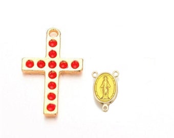 Rosary Kit = Cross + Virgin - Colors = Red - Aquamarine - Pink - White - Black in Light Gold Plated Alloy