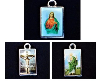 1 Double-Sided Medal Pendant, Jesus On The Cross, Heart of Jesus, Saint Judas Tadeo 23 mm, Sold individually