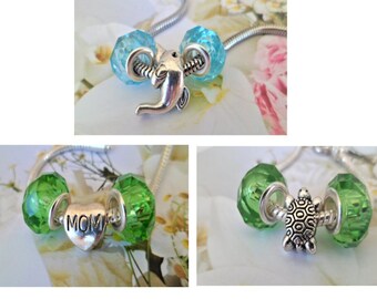 Lots 3 Charms Européens Perles Verre à Facettes ,Charms Tortue ,Charms Dauphin ,Charms MOM ,Couleurs Vert ,Bleu Clair