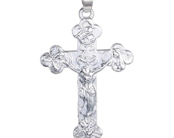 Gros Pendentif Crucifix Croix Alliage de Style Tibétain Couleur Platine 53 x 36 mm Unisexe , Avec le Support 60 mm