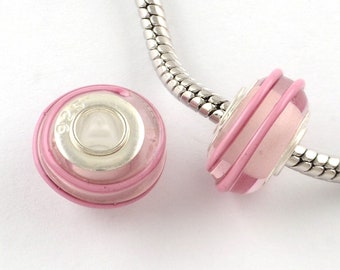 Sterling zilveren Europese roze kralen handgemaakte lampwork glas lampwork kern 925 zilver grootte 14 x 8 mm gat 4,5 mm